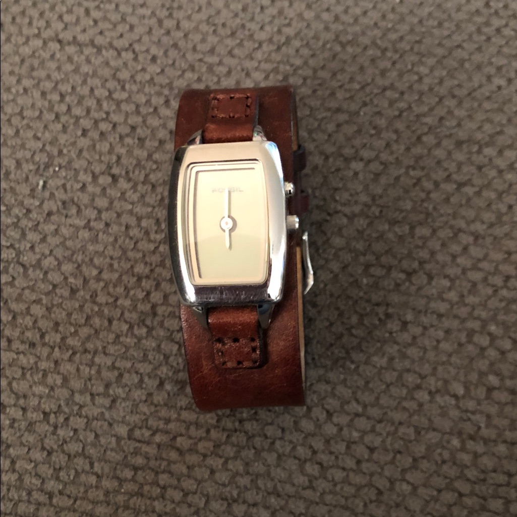 Fossil Silver Case Watch With Brown Leather Band